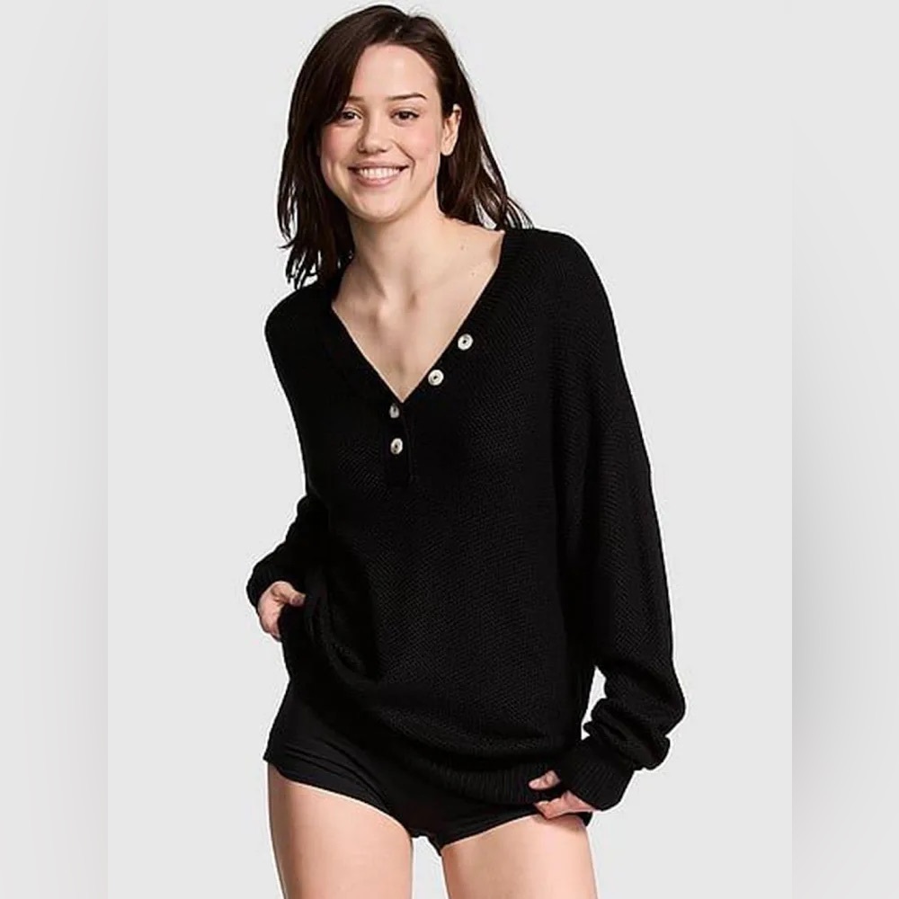 Victoria’s Secret PINK Size XS Black Cambridge Henley Button Knit Beach Sweater